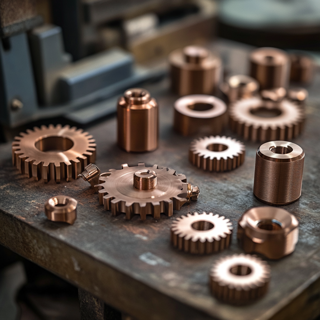 Copper gears and bolts close up with soft lighting.