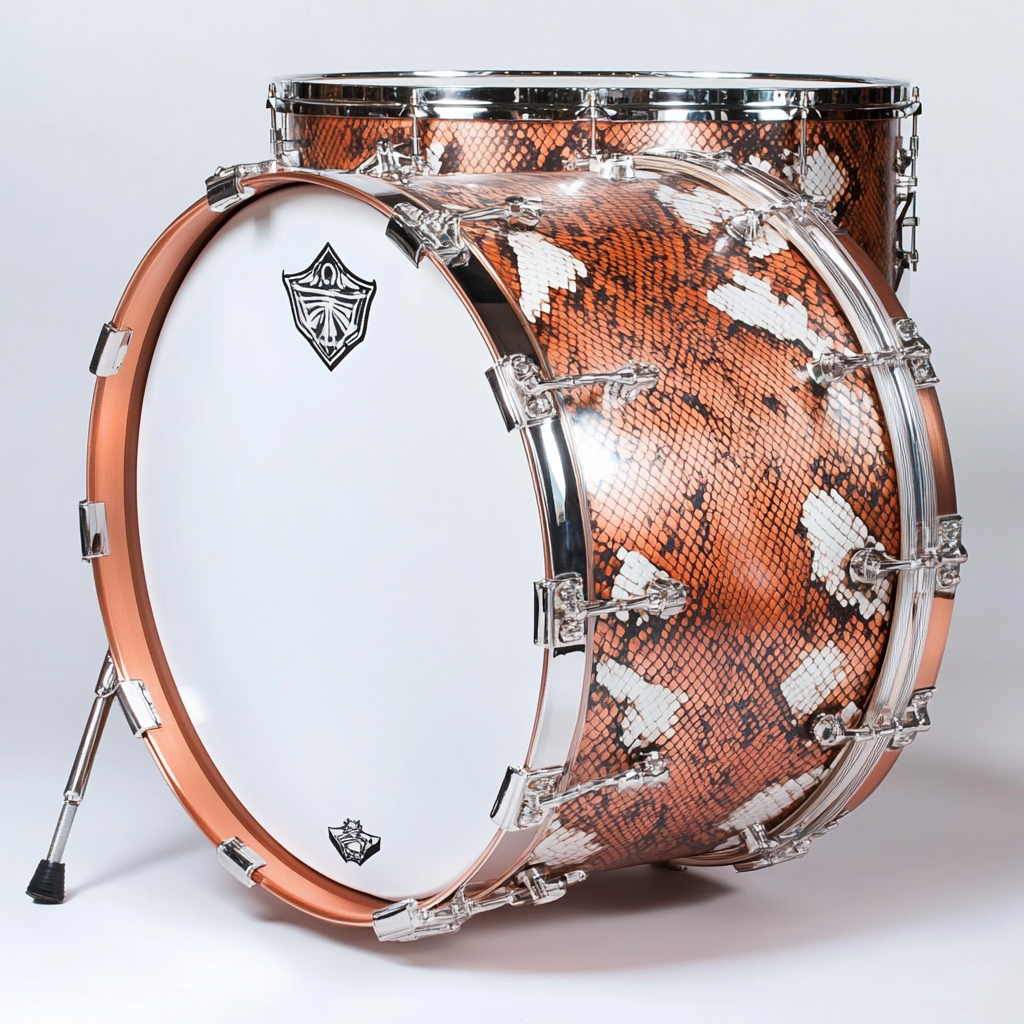 Copper kick drum with logo spot, snake skin pattern