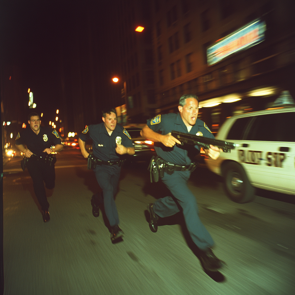 Cops chasing criminal in vintage NYC 2004 photograph.