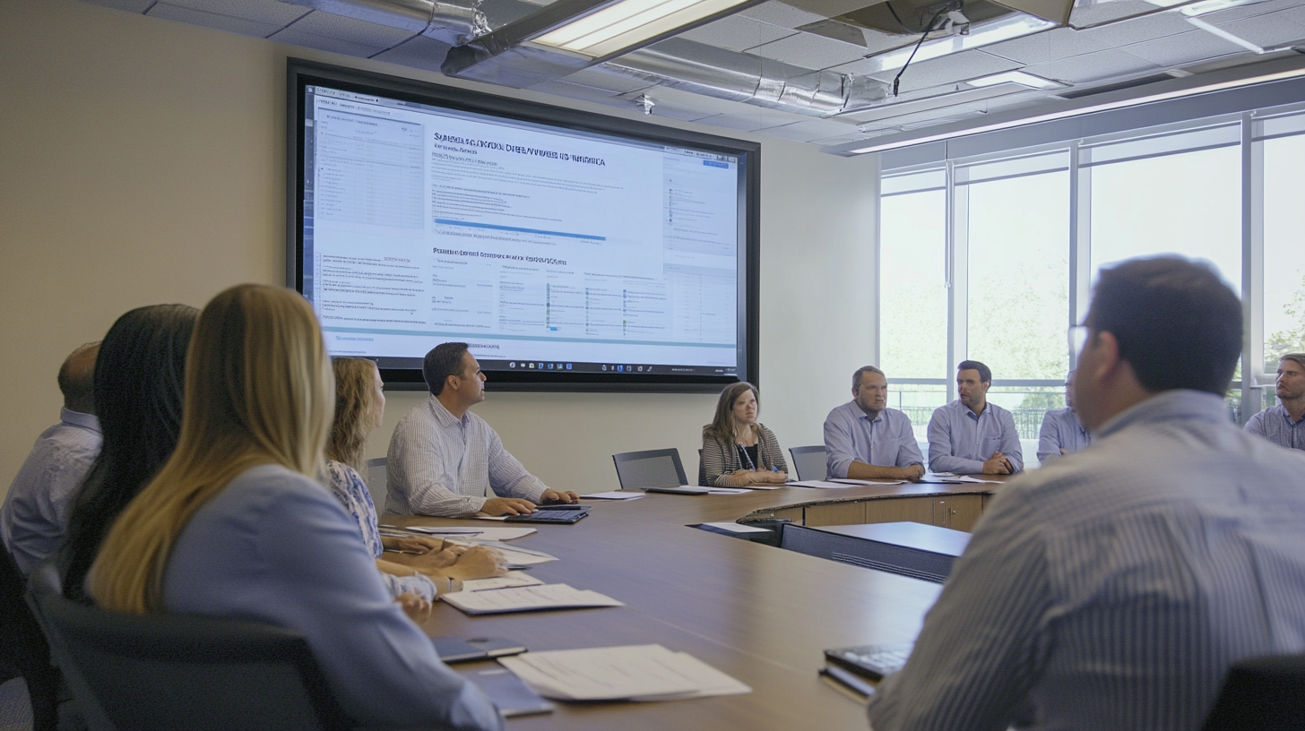 Corporate meeting presenting health regulations on a large screen.