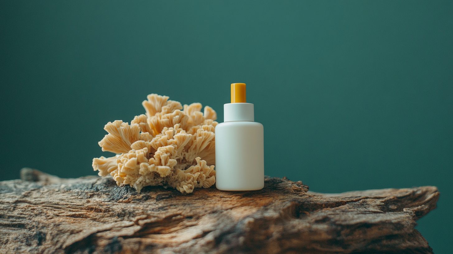 Cosmetic bottles on wood with mushrooms on green backdrop