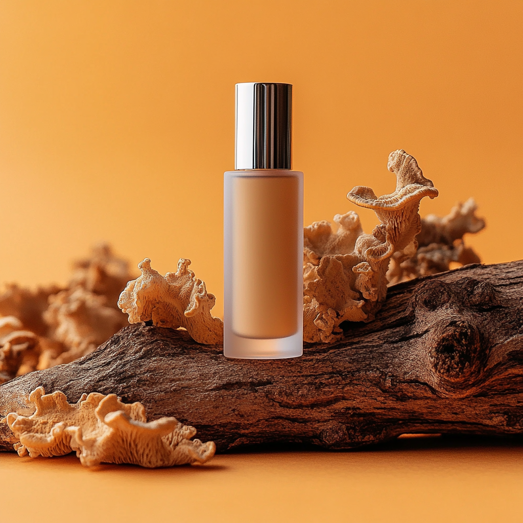 Cosmetic bottles rest on wood with fresh Cordyceps