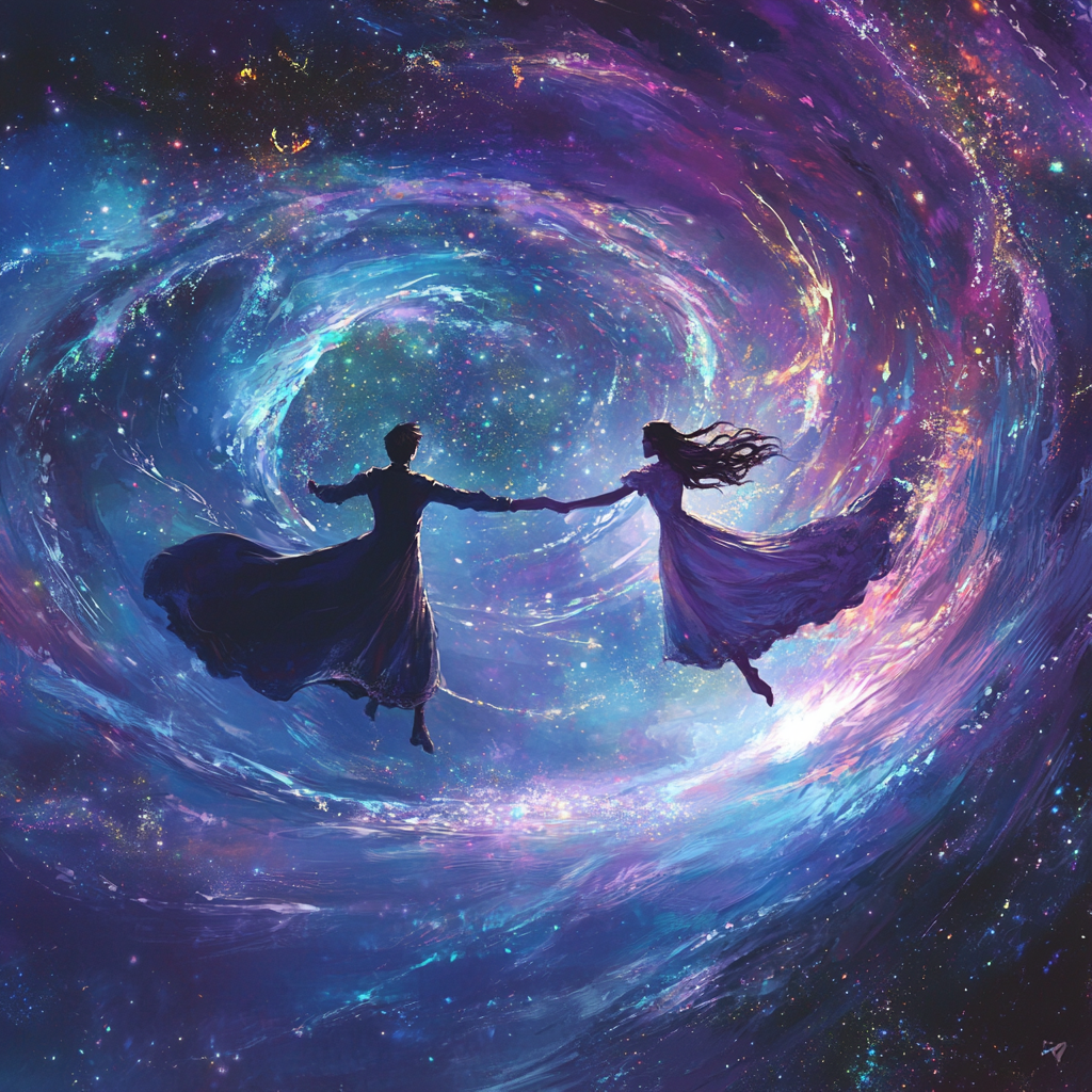 Cosmic Lovers Embrace in Sparkling Space Galactic Setting