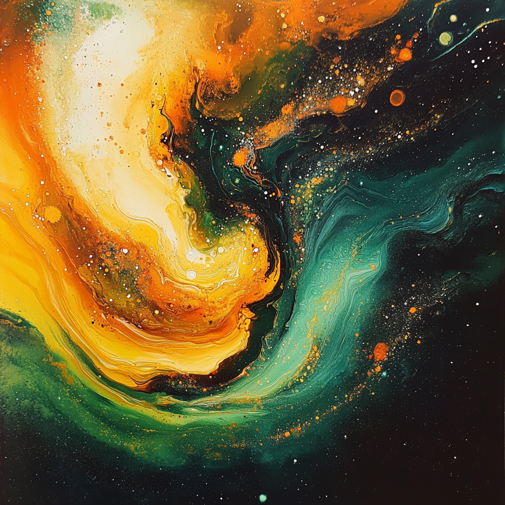 Cosmic galaxies swirling in orange, green, yellow beauty. Aesthetic dreamy.