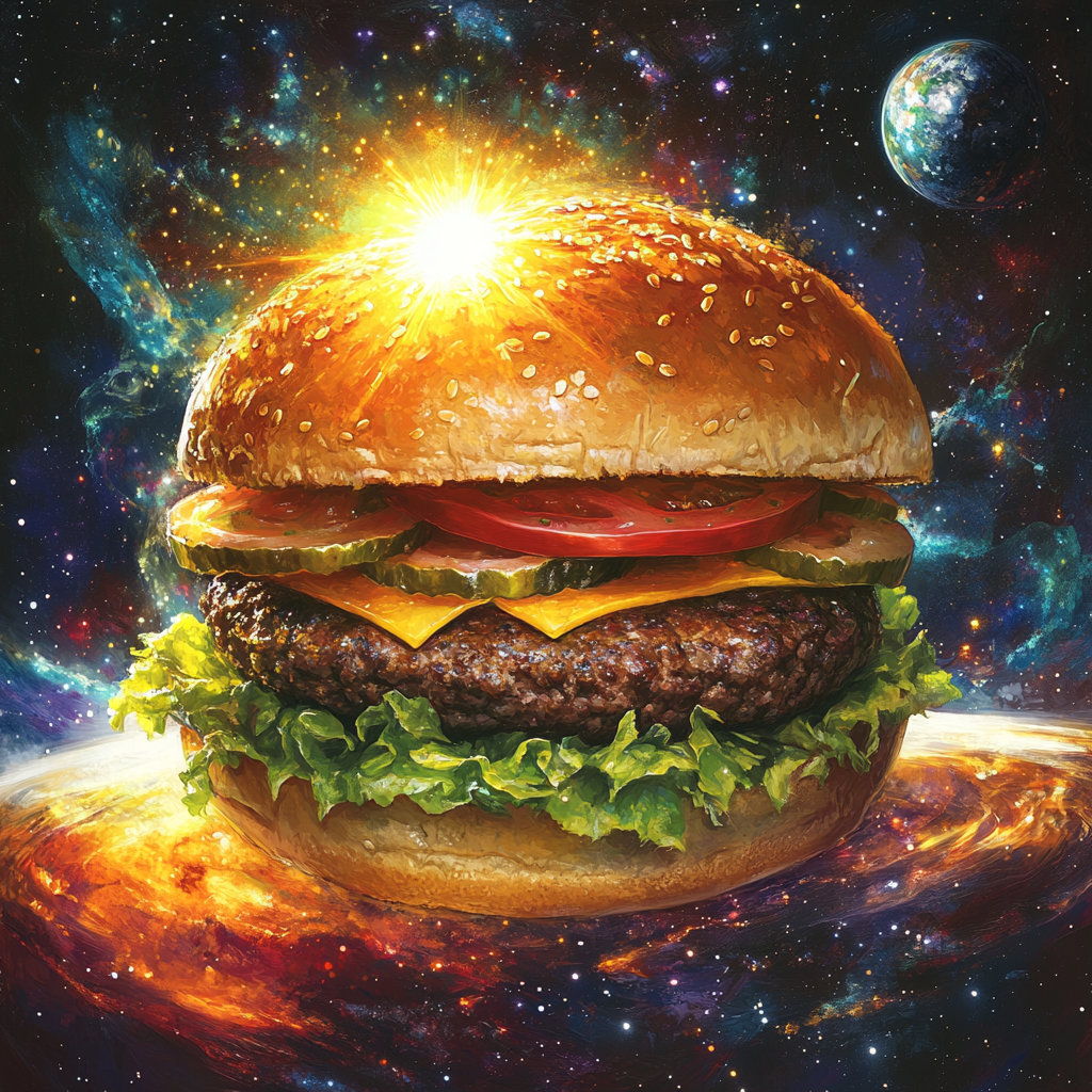 Cosmic hamburger with celestial body ingredients in galaxy backdrop.