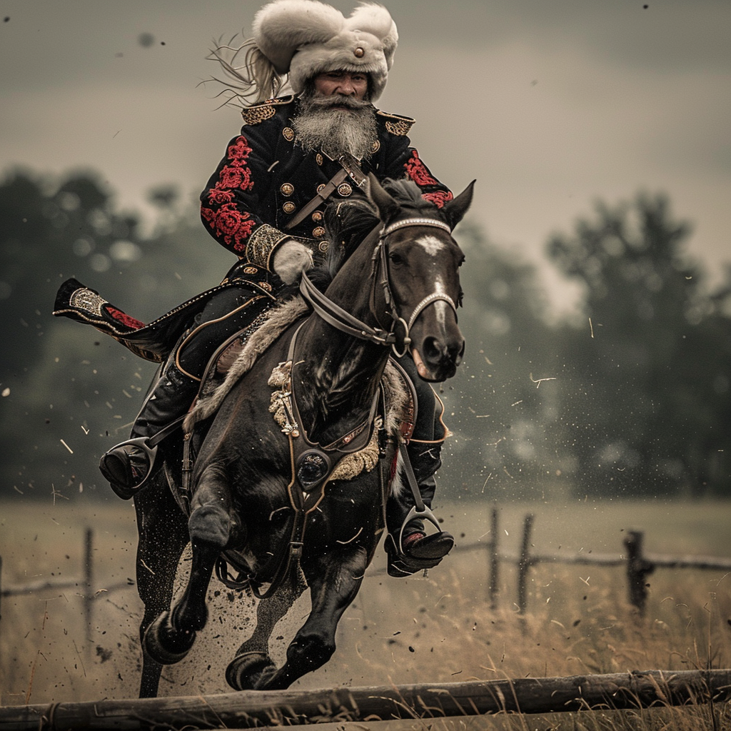 Cossack rider jumps over hurdle with sword on horse.