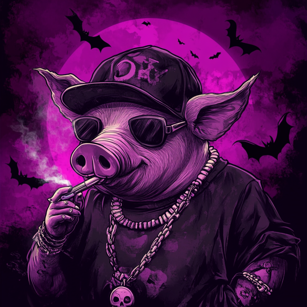 Costumed Pig rapper in spooky Halloween setting