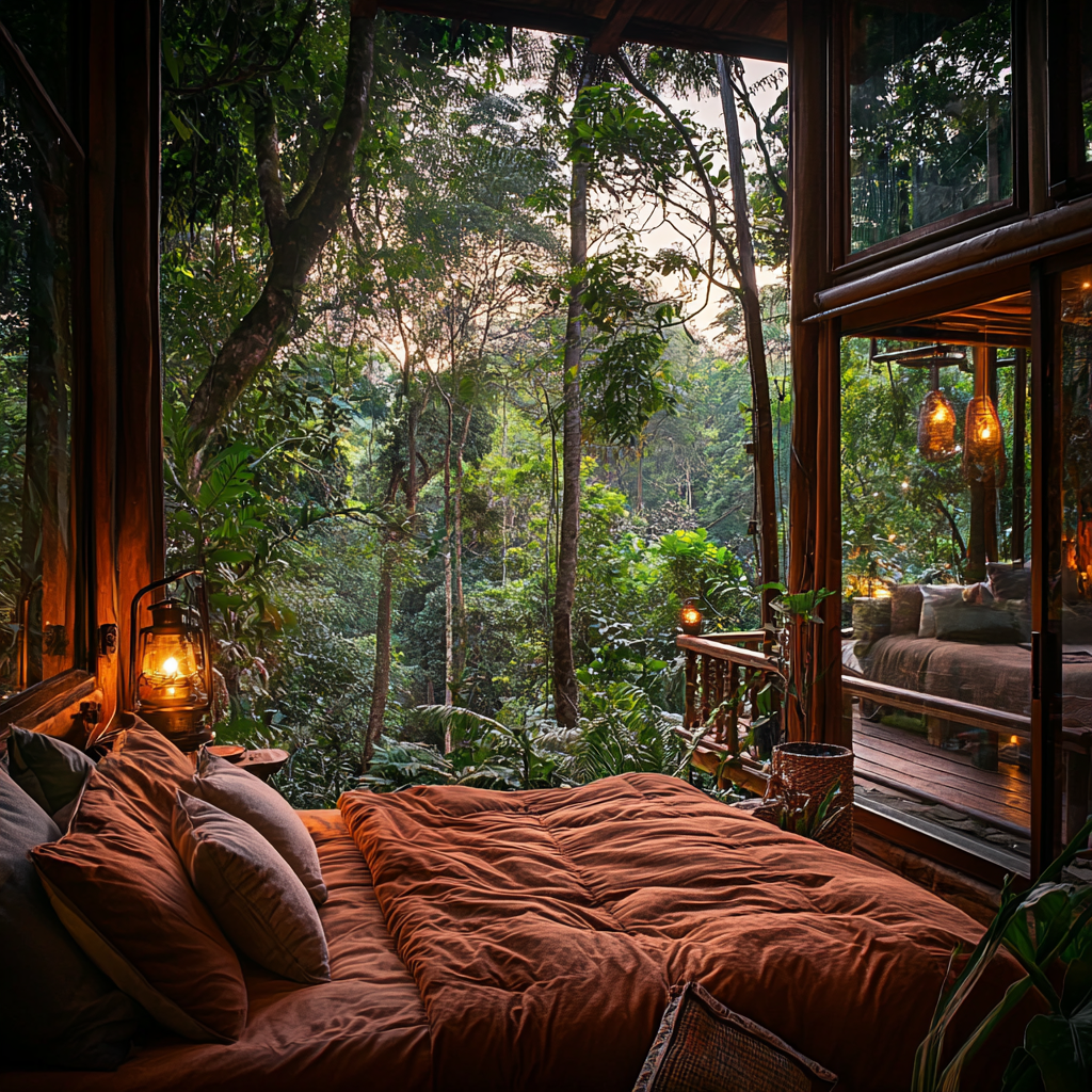 Cosy, romantic tree house hotel in lush rainforest.