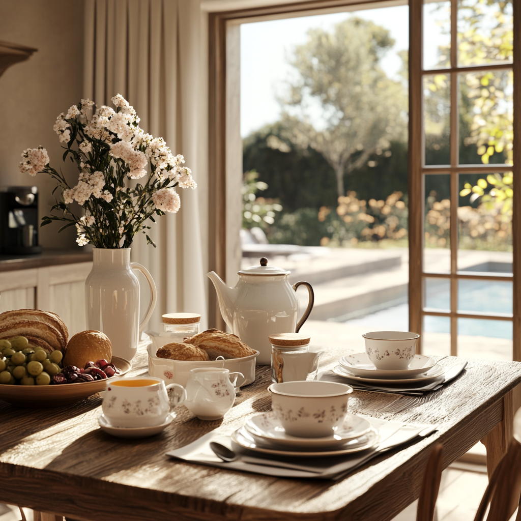 Cosy English breakfast with tea, pastries and fruit.