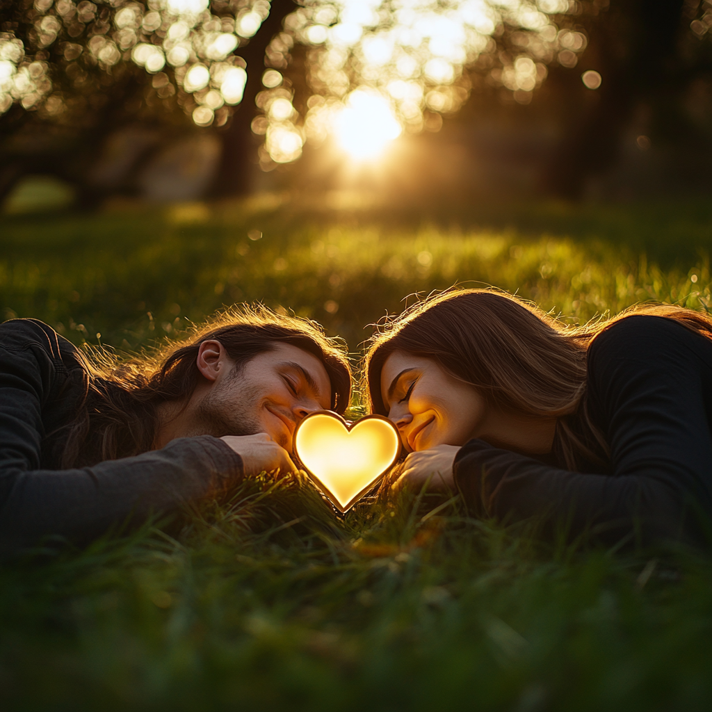 Couple Lying Together on Grassy Field with Heart