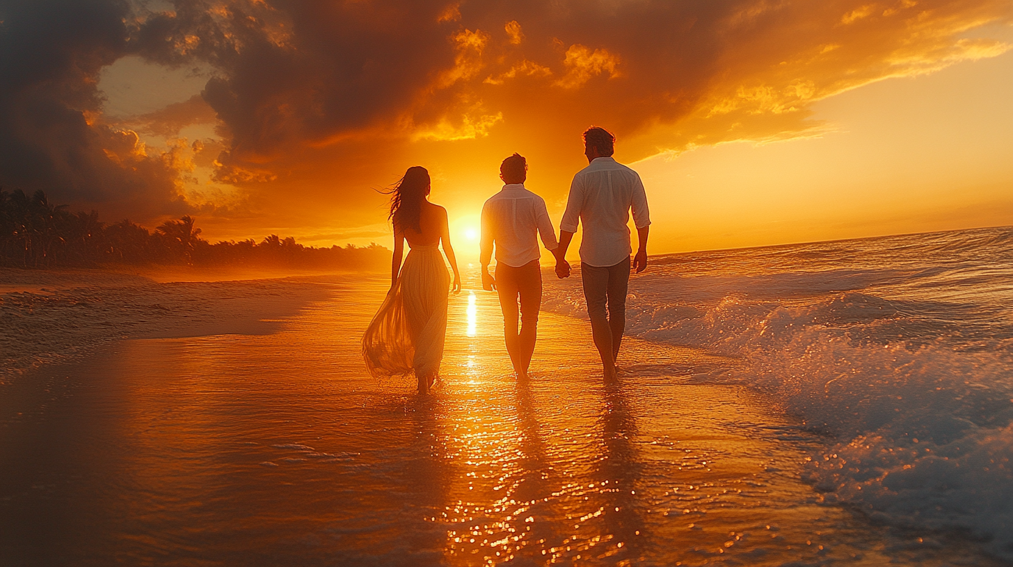 Couple Walking on Beach at Sunset, Romantic Scene