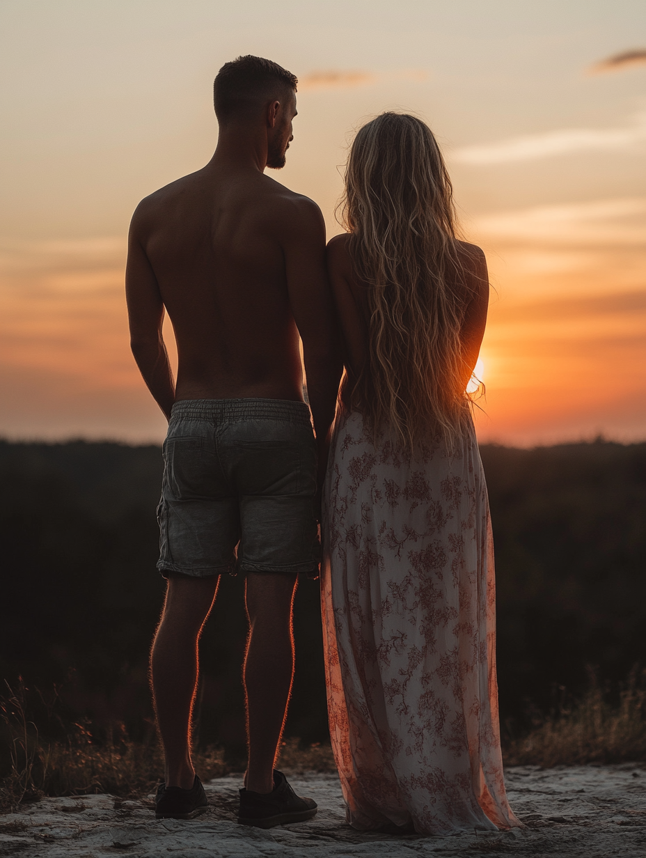 Couple at sunset, man with buzz cut, woman blonde.