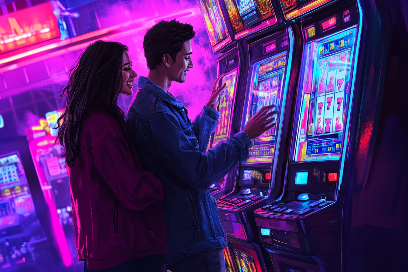 Couple by large slot machine in Vegas, nervous smiles.