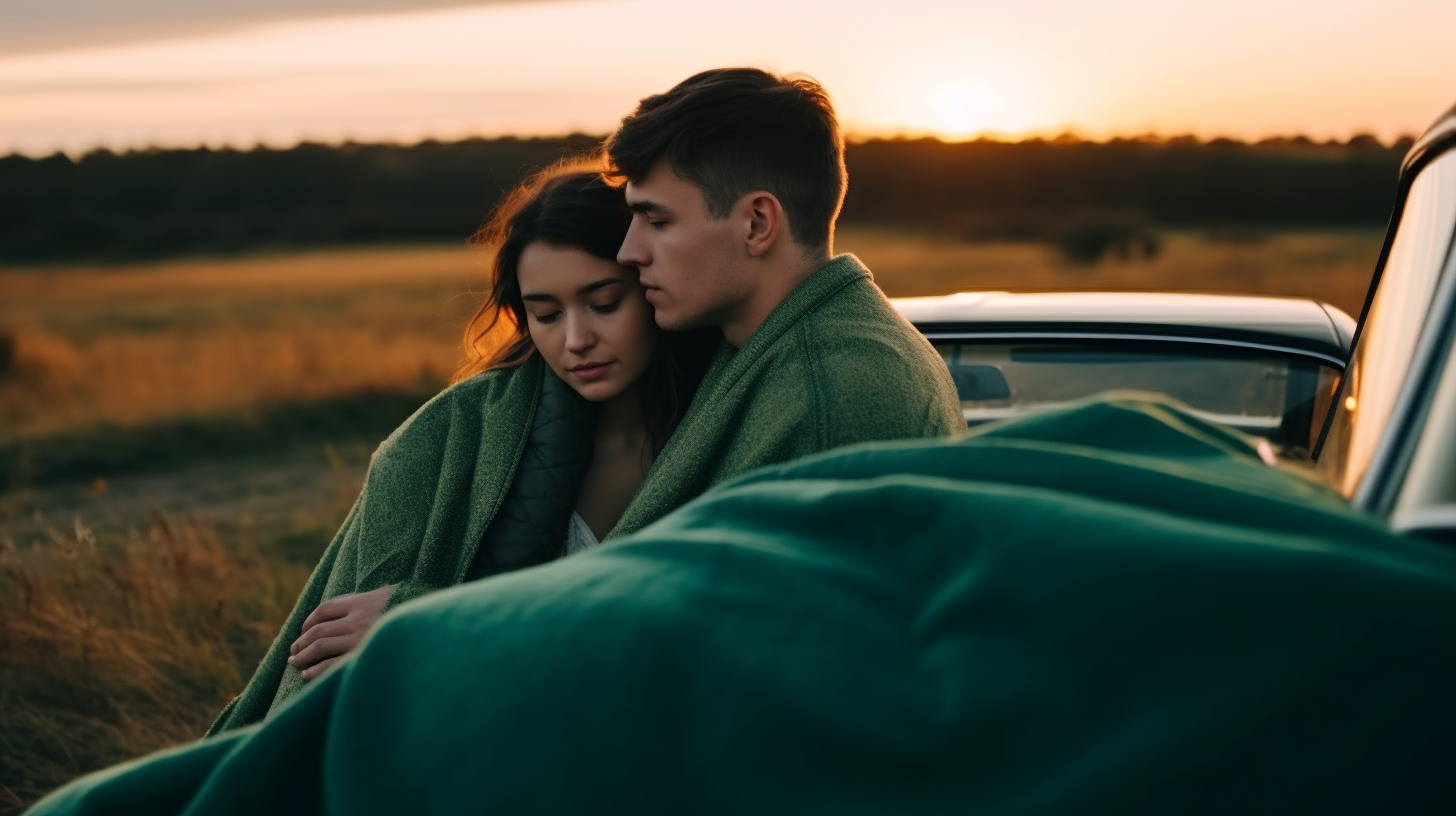 Couple covered in blanket sits in car trunk at sunset.