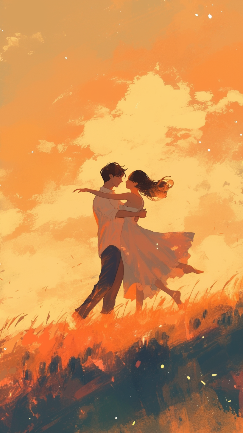 Couple dancing in field at sunset, watercolor style art.