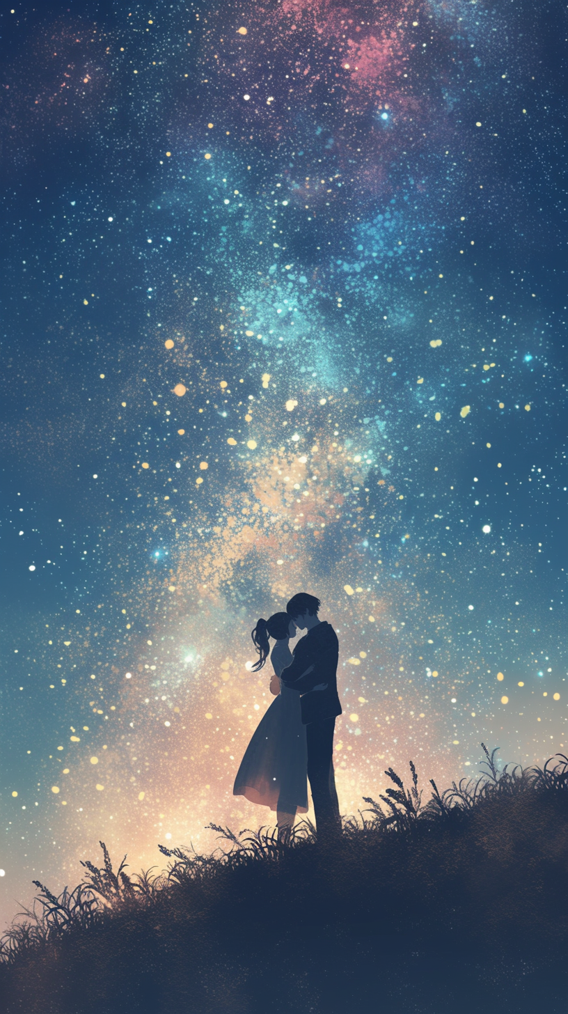 Couple embraces on hill, dancing under starlit horizon.