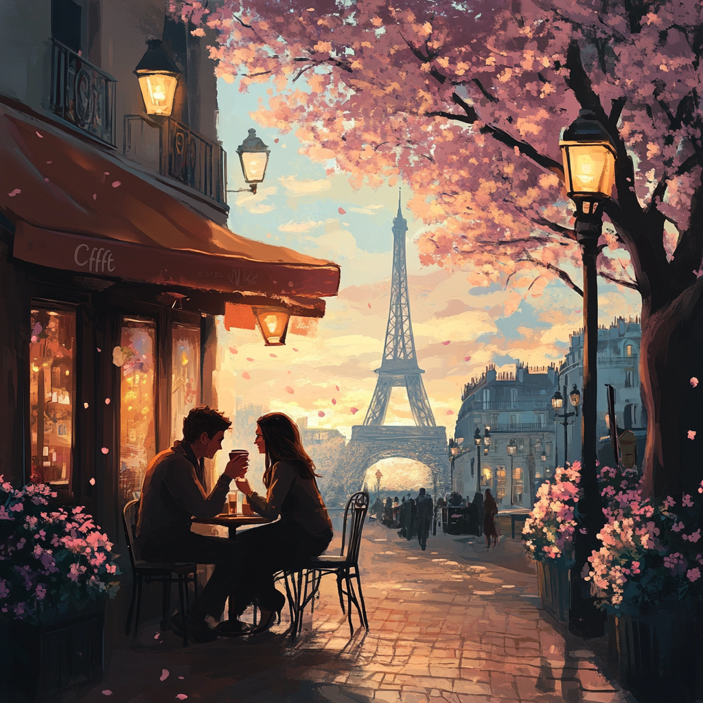 Couple enjoying coffee at Paris café, love in air.