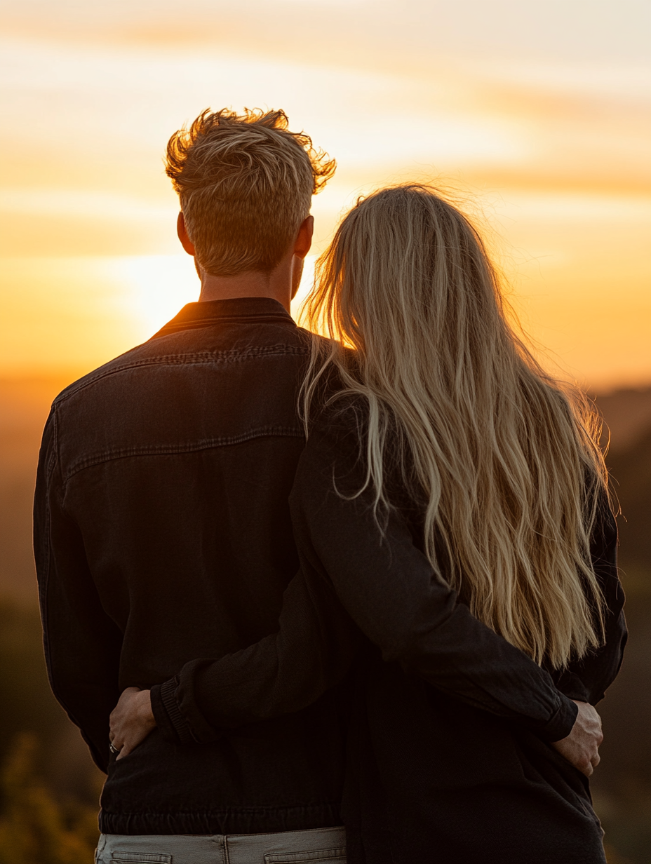 Couple enjoying sunset, man and woman close together.