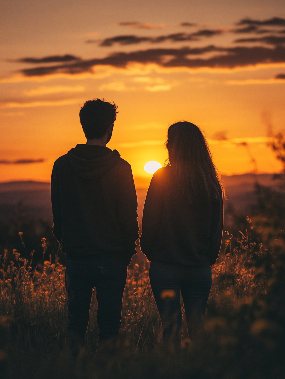 Couple facing sunset, Nikon Z7 II, soft tones.