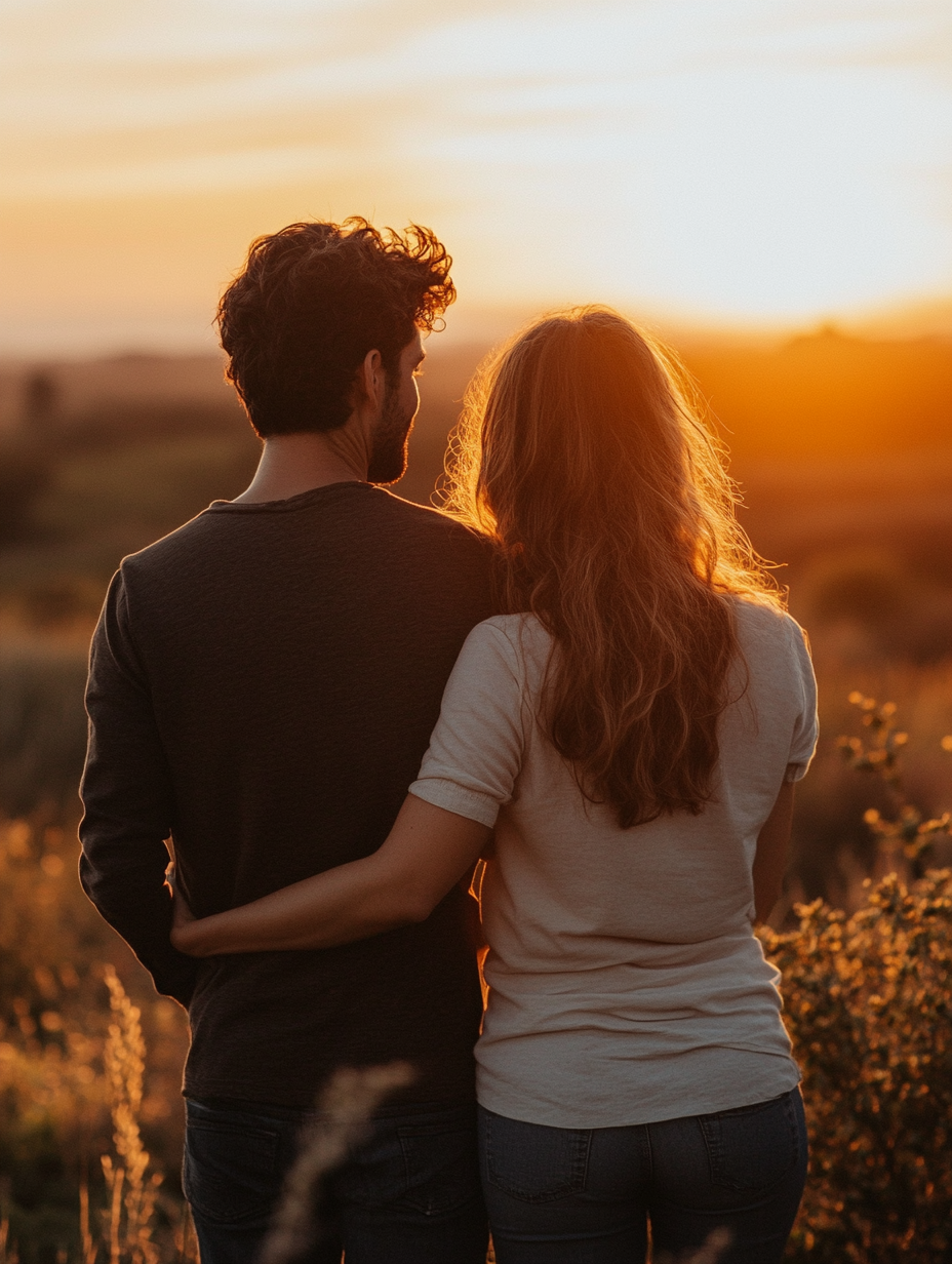 Couple facing sunset, full body shot, soft tones.