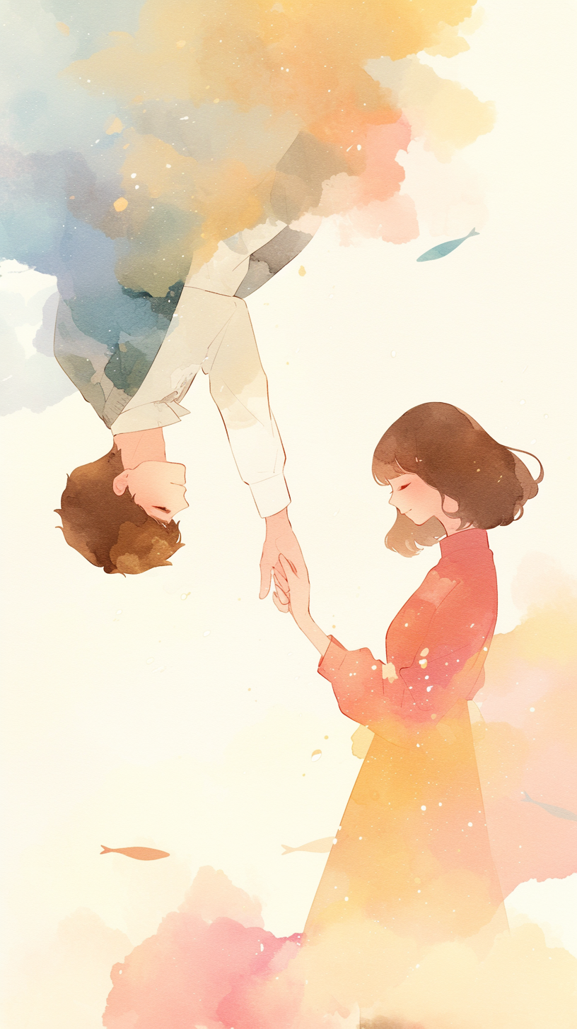 Couple holding hands, gazing lovingly, dreamy watercolor background.