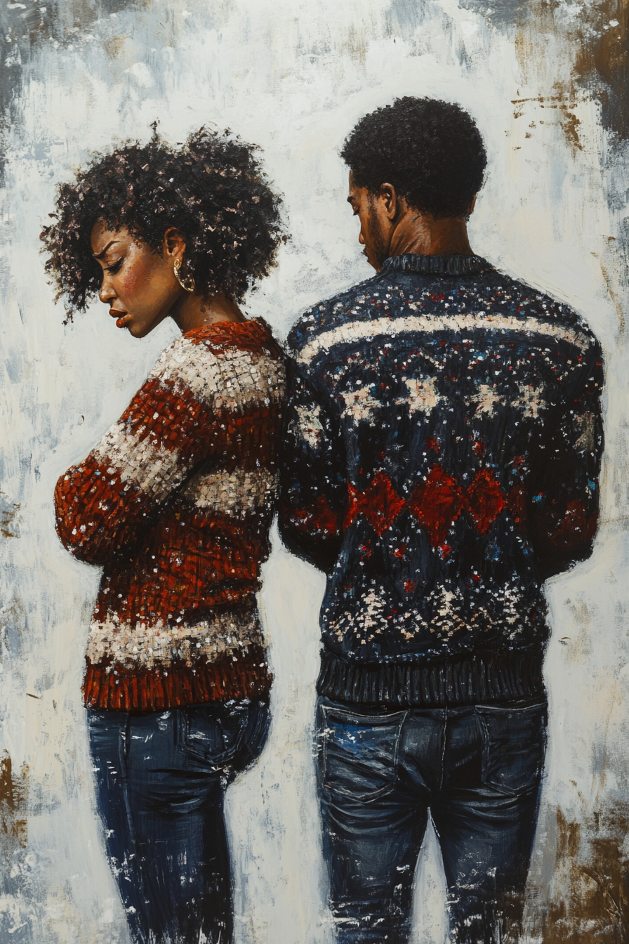 Couple in Christmas Sweaters Arguing, One Crying