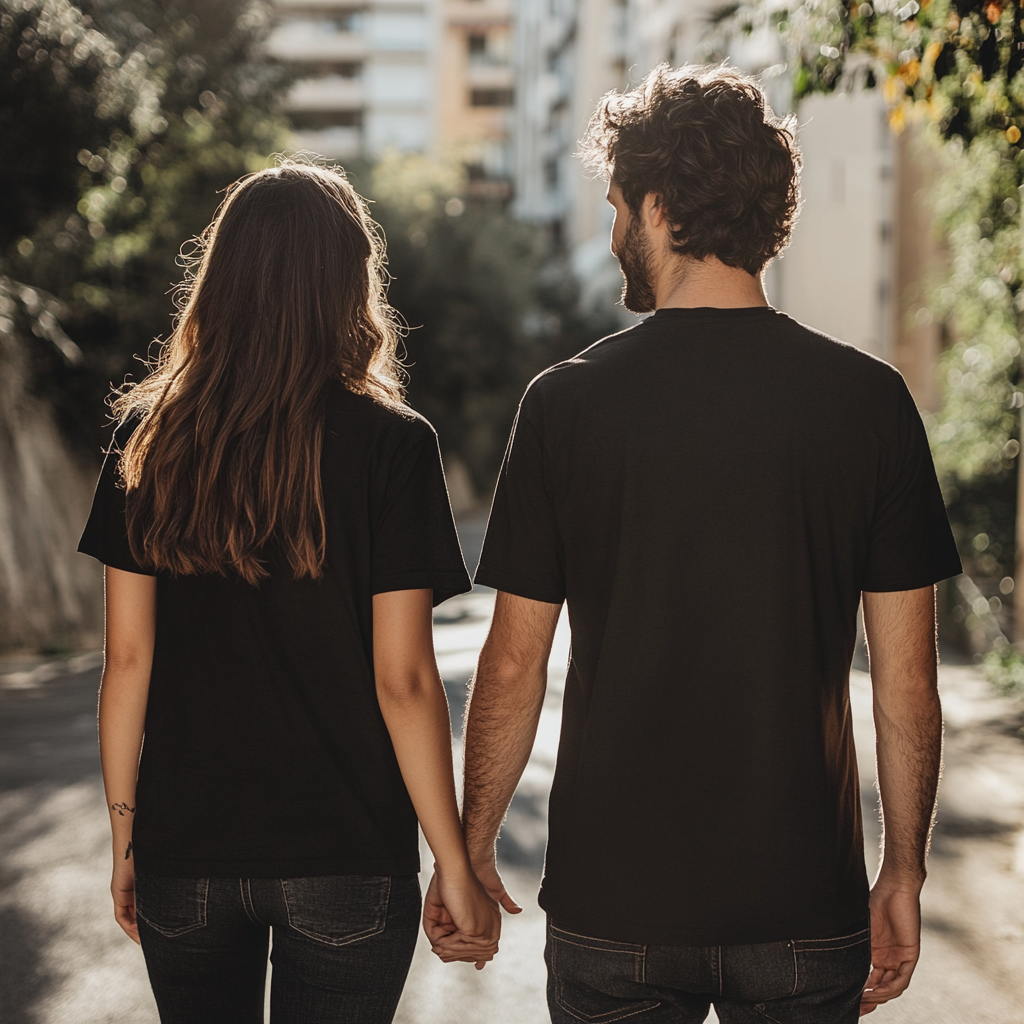 Couple in black shirts posing in urban area.