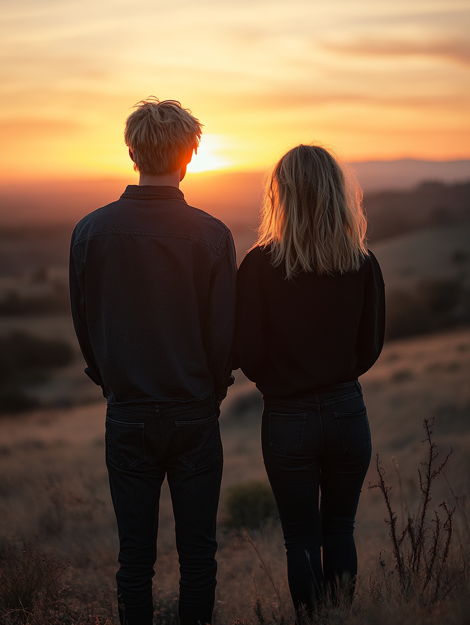 Couple in black shoes facing sunset, realistic photography shot.