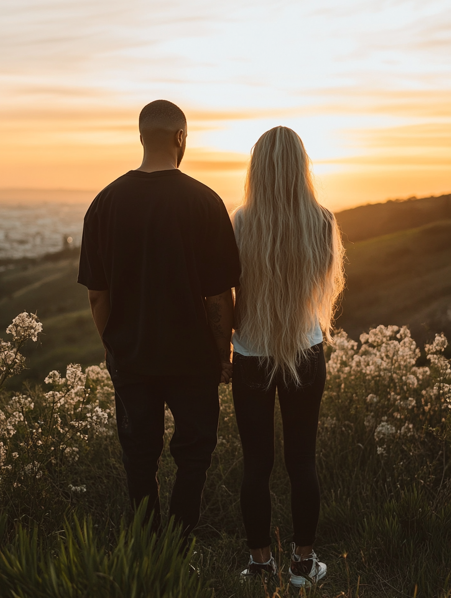 Couple in black shoes watching sunset, natural tones.