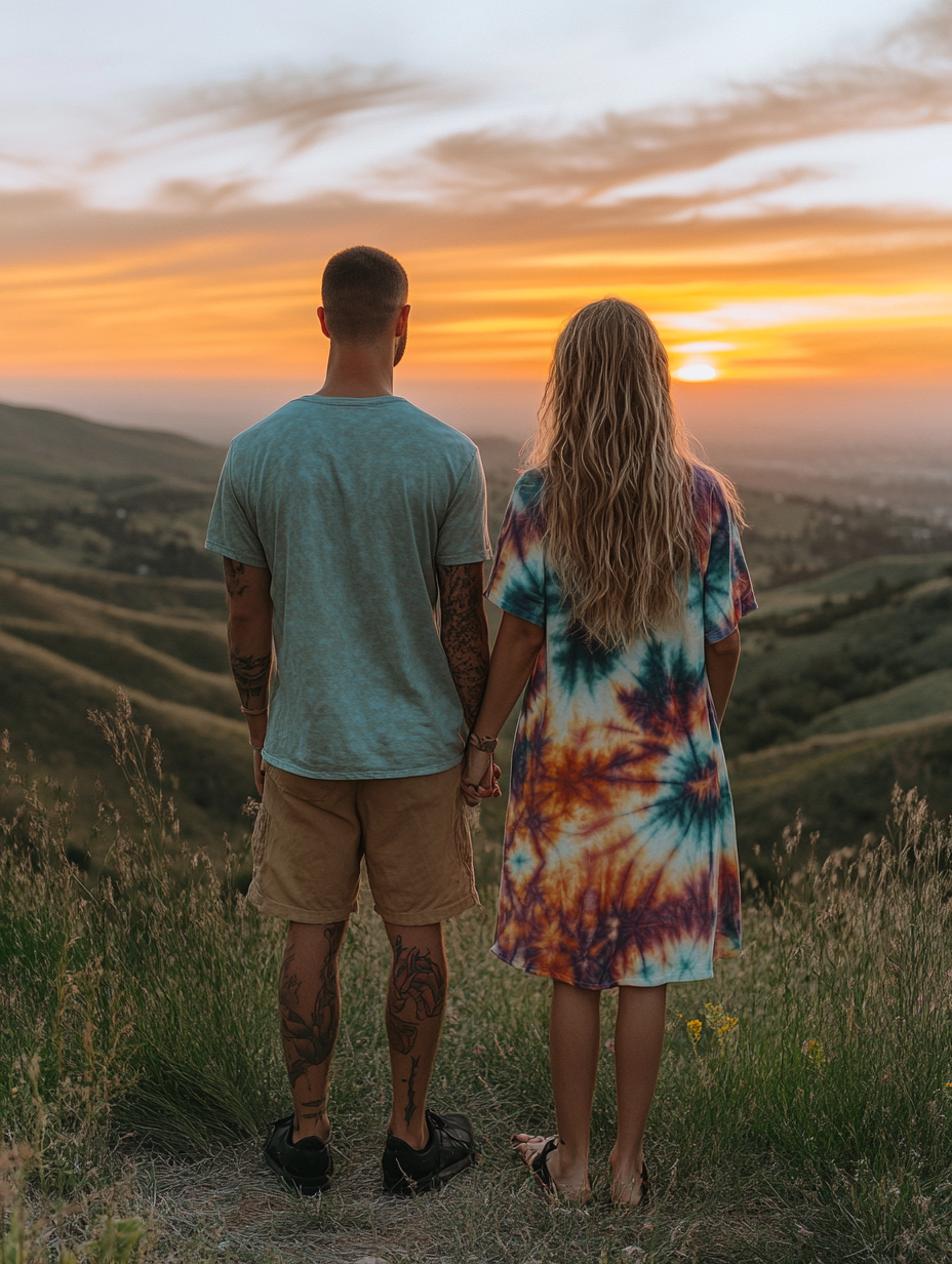 Couple in casual attire, looking at sunset view.