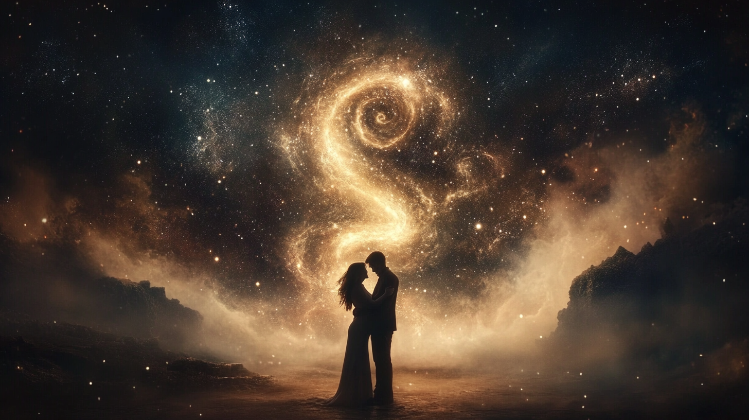 Couple in dark sky with energy spiral.