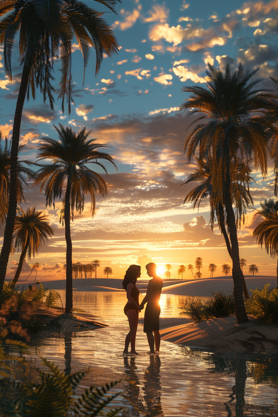 Couple in desert oasis at sunset, holding each other.