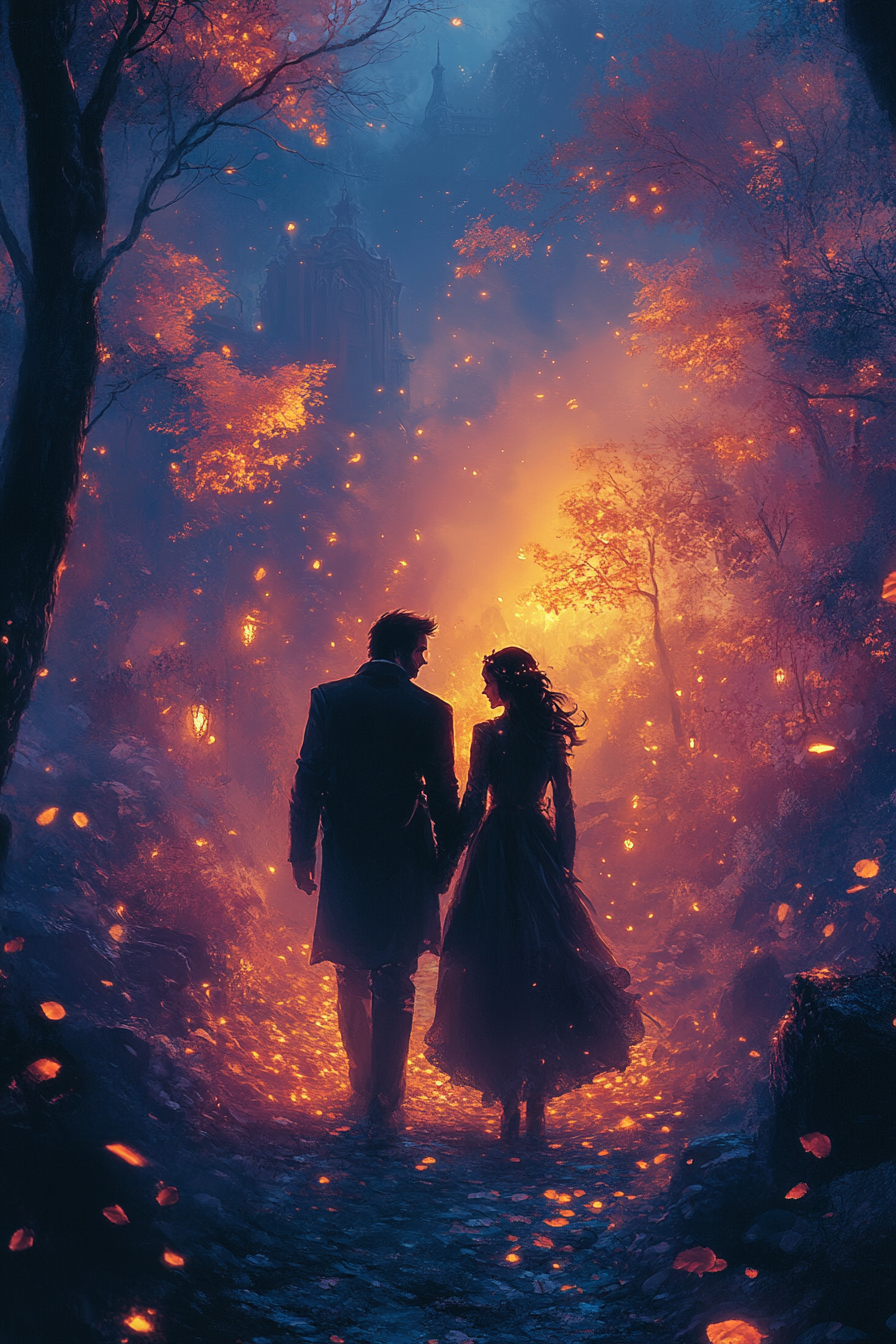 Couple in elegant fantasy attire walking in magical forest.