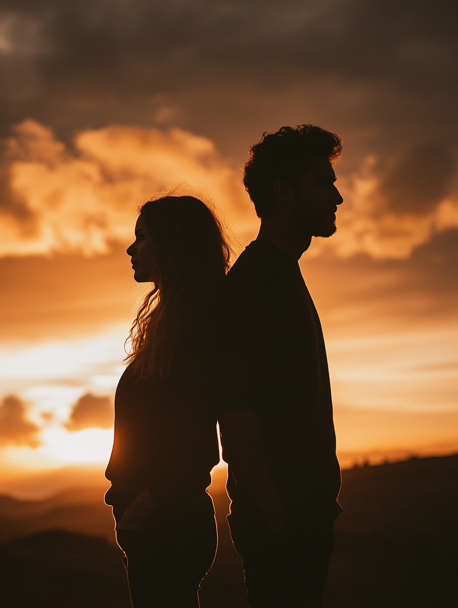 Couple in front of sunset, realistic portrait shot.