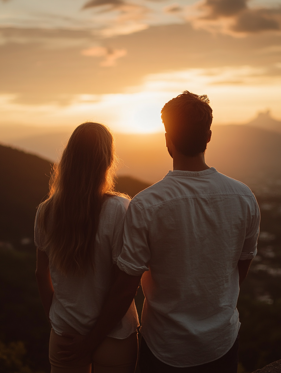 Couple in front of sunset with soft tones.