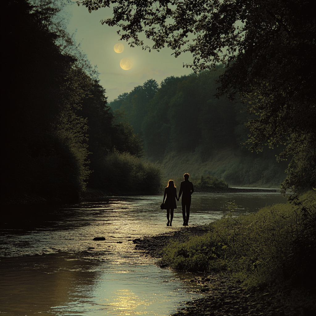 Couple in love walking by river in moonlight.