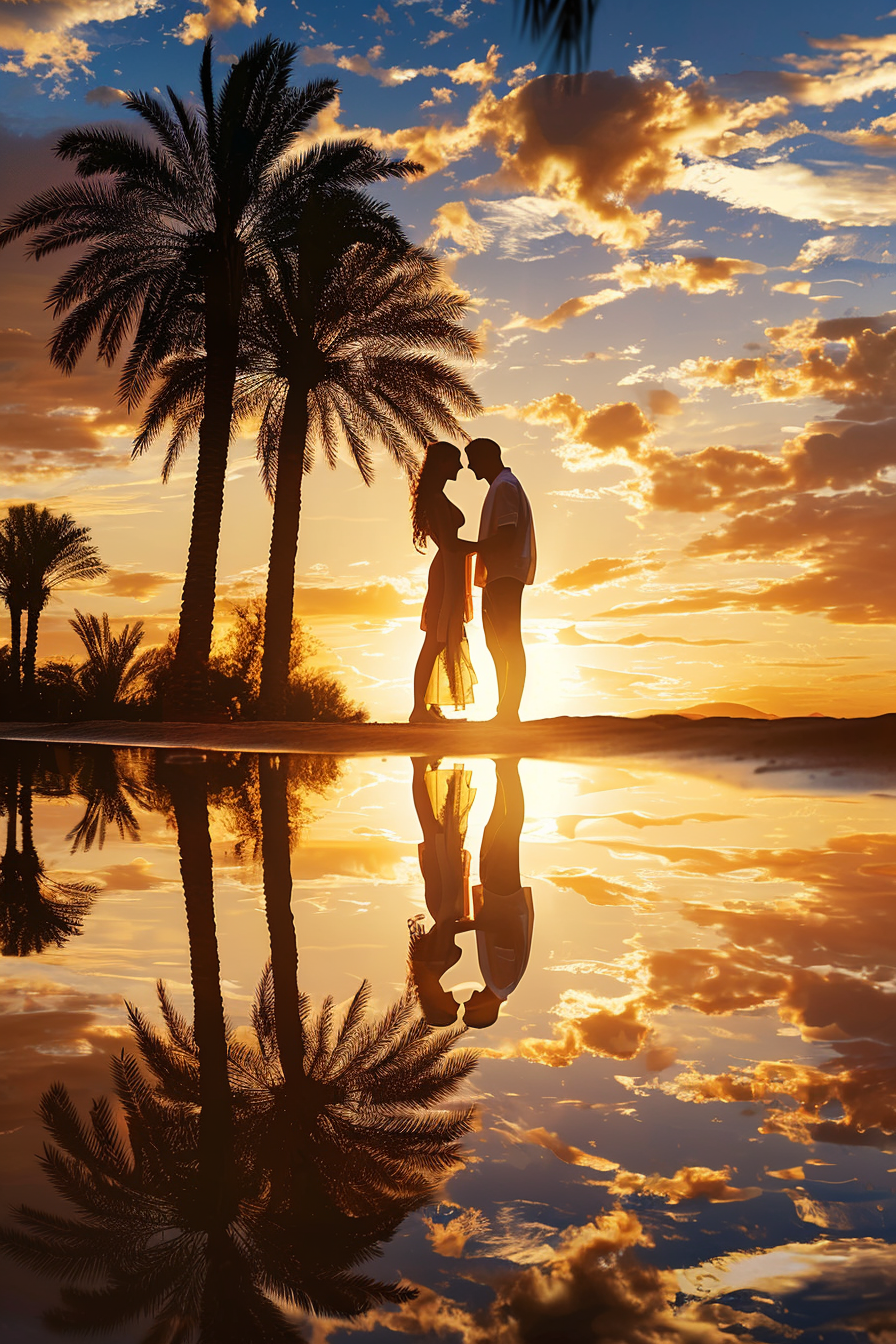 Couple in oasis at sunset, palm trees, calm water.