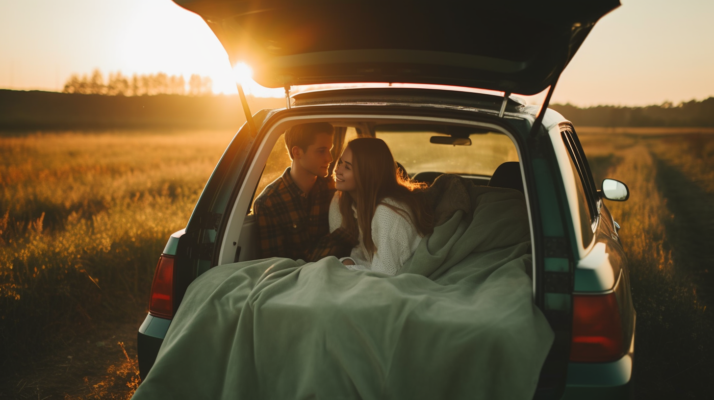 Couple in their 30s sitting in car trunk.