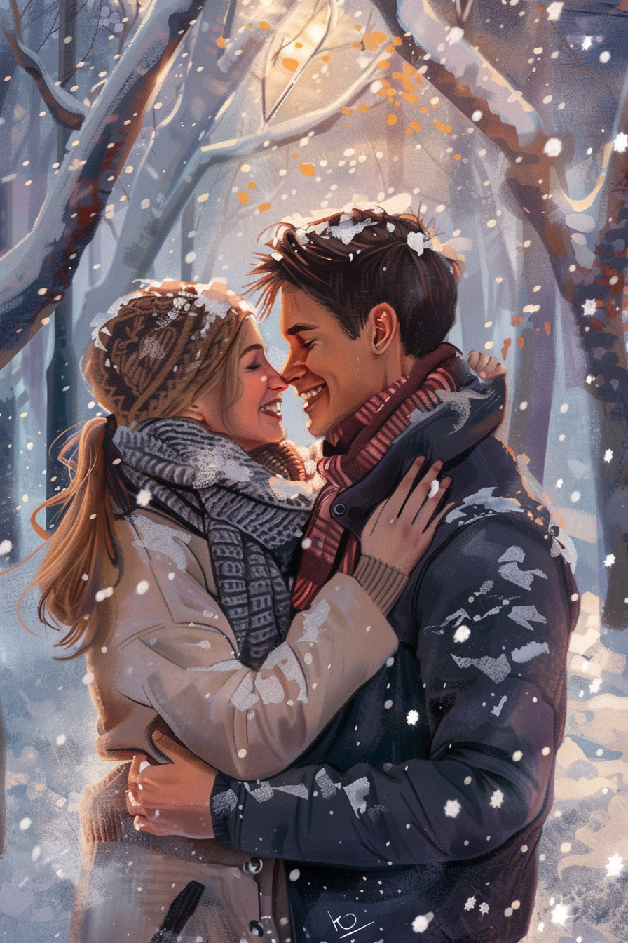 Couple in winter clothes enjoying snowy park together.