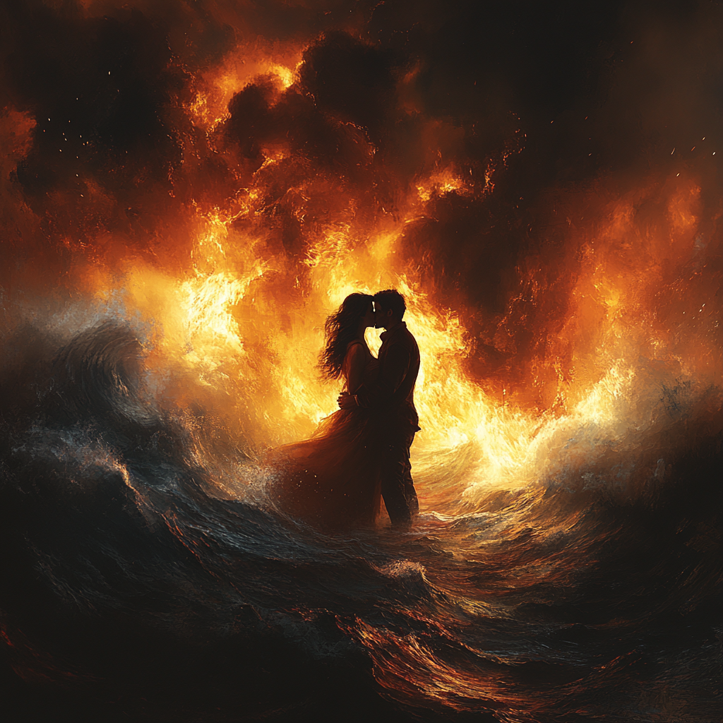 Couple kisses in burning sea amidst chaos.