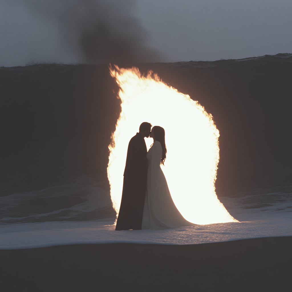 Couple kissing in burning sea amidst chaos.