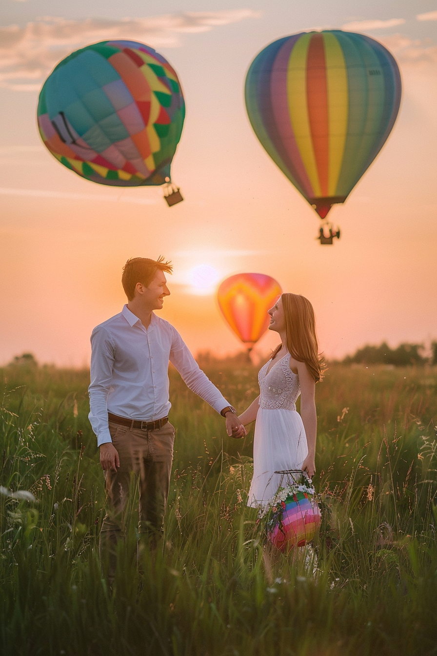 Couple laughing in field, holding colorful balloons at dawn.