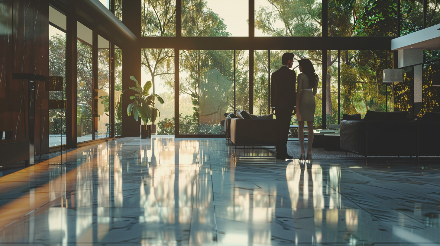 Couple listens to AI Bot in luxury villa.