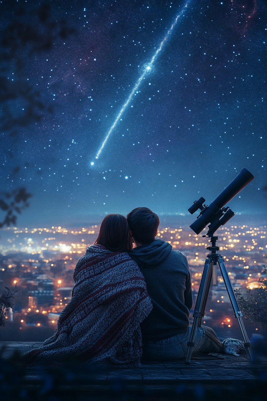 Couple on rooftop under starlit sky wrapped in blanket.