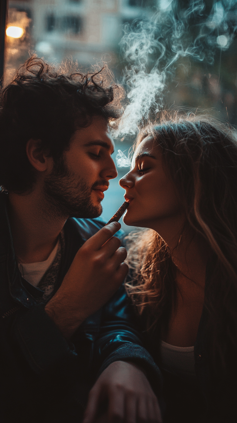 Couple sharing a blunt in relaxed, intimate setting