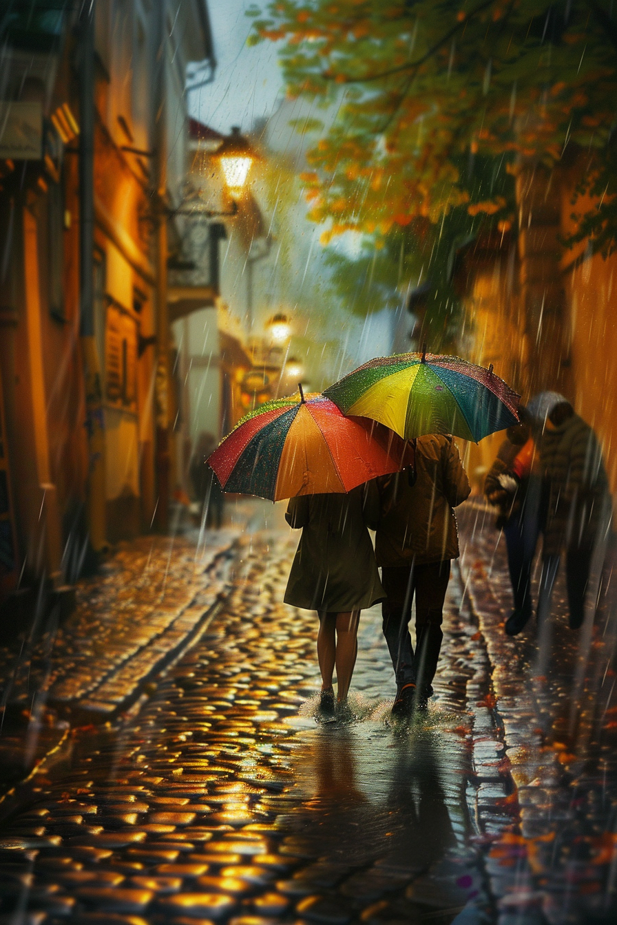 Couple sharing umbrella, laughing in rain on cobblestone street.