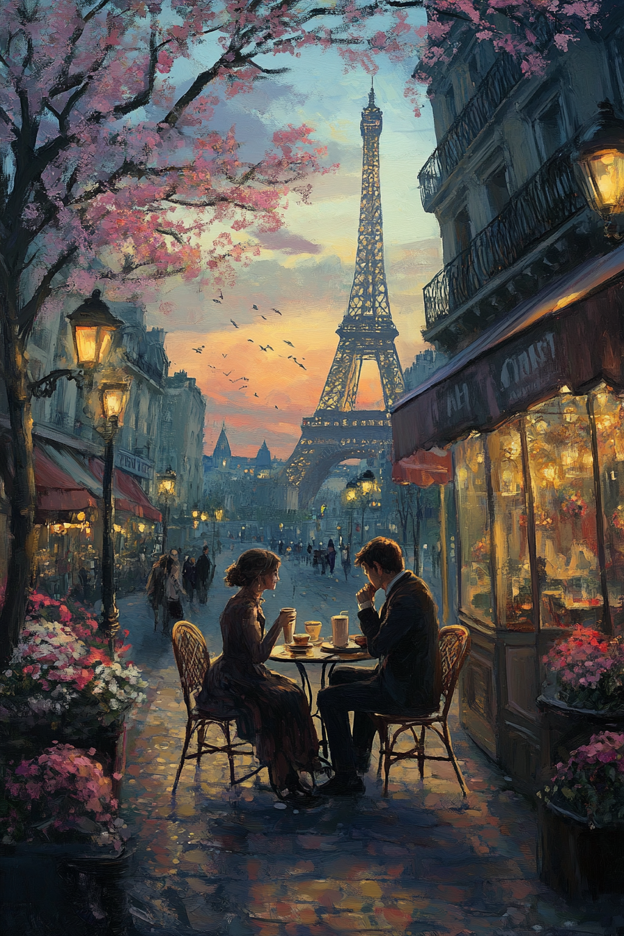 Couple sipping coffee at Parisian café with Eiffel Tower.