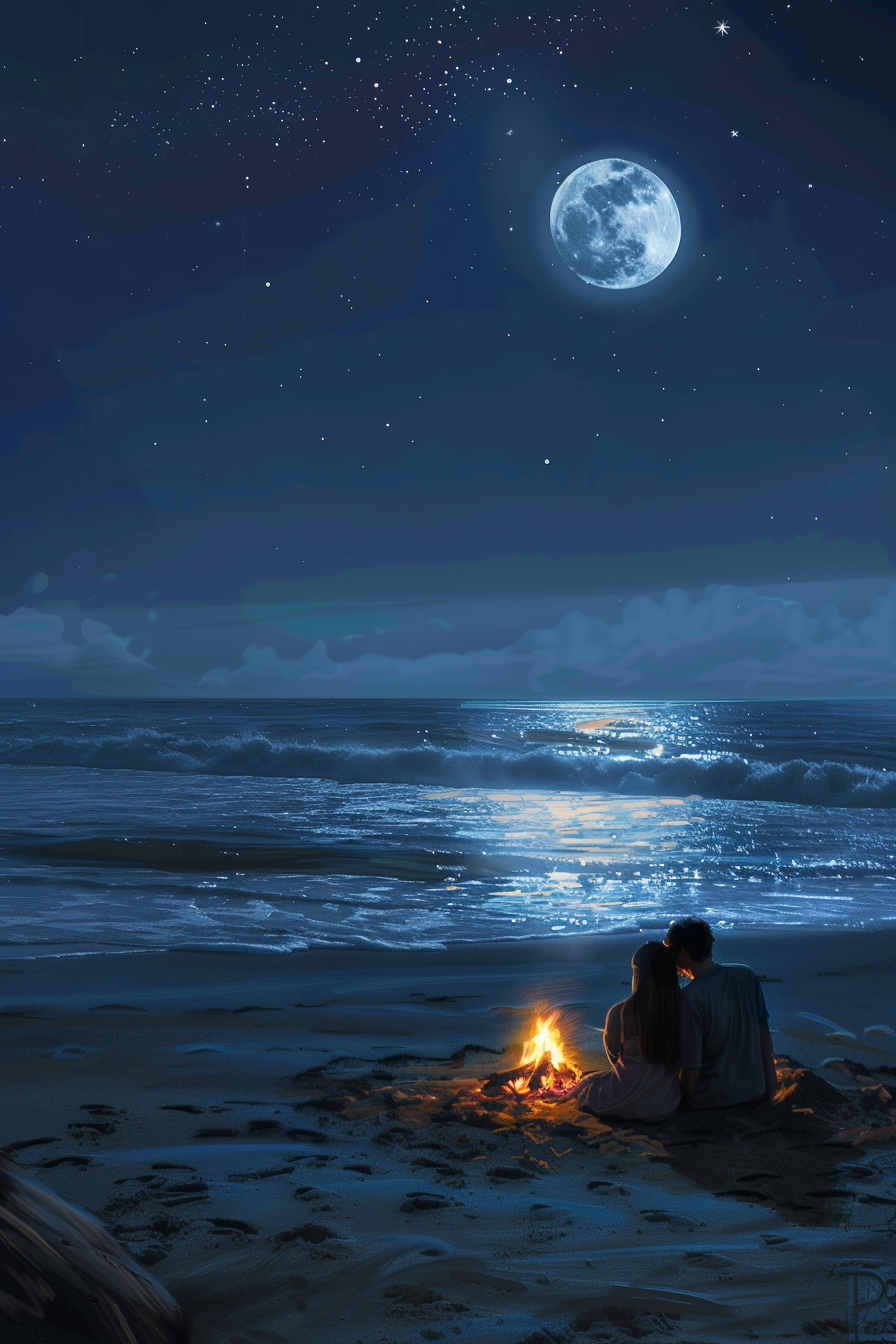 Couple sitting on sand by bonfire near crashing waves.