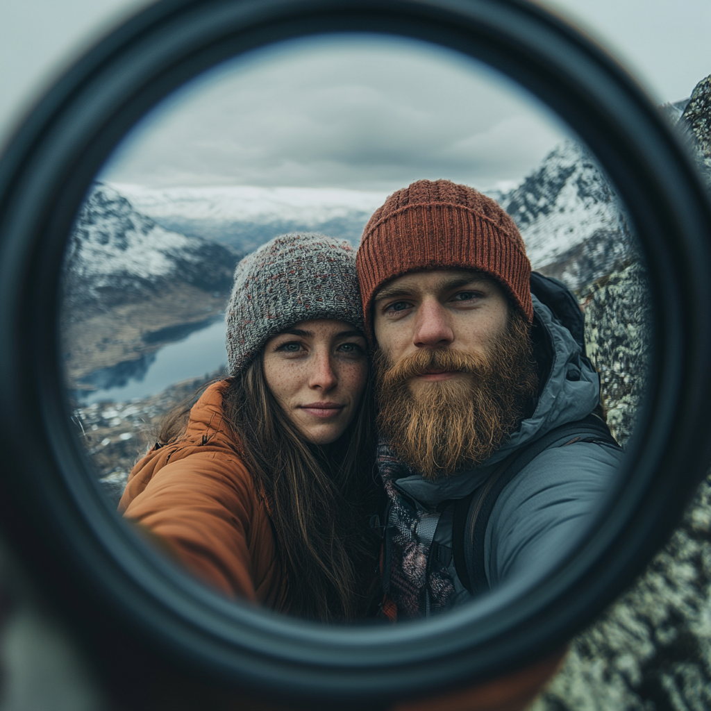 Couple taking mountain selfie with emotive faces, specialist.