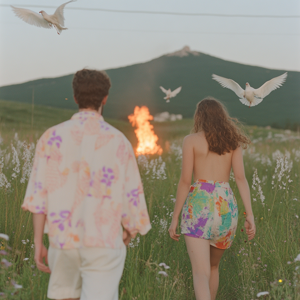 Couple walking towards fire surrounded by birds in film.